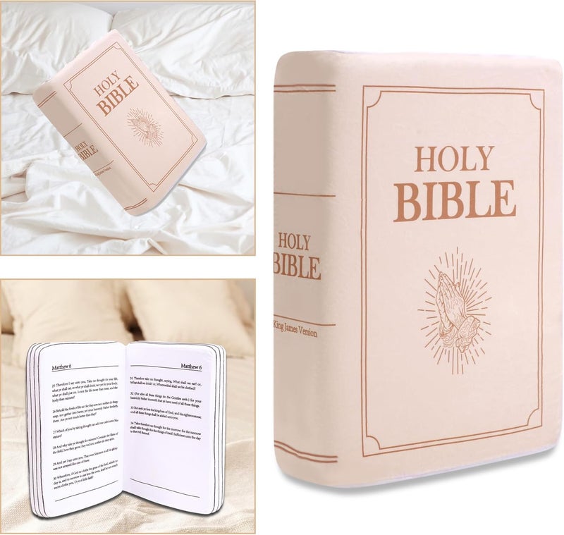 VKMON Bible Pillow Book Plush That Opens, for Kids Adults Christian Gifts, Cozy Faith Bible Pillow (Beige) - Image 1